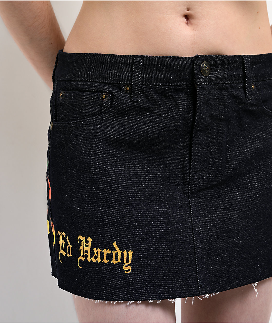 Ed Hardy Rose Heart Black Denim Cutoff Mini Skirt