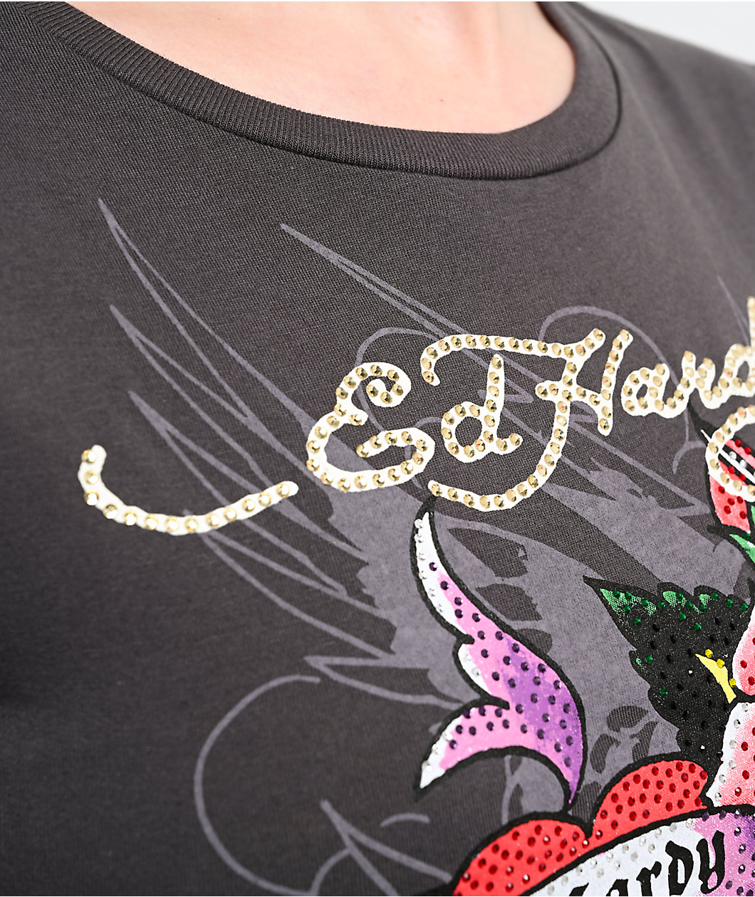 Ed Hardy Rose Heart Rhinestone Charcoal Crop T-Shirt