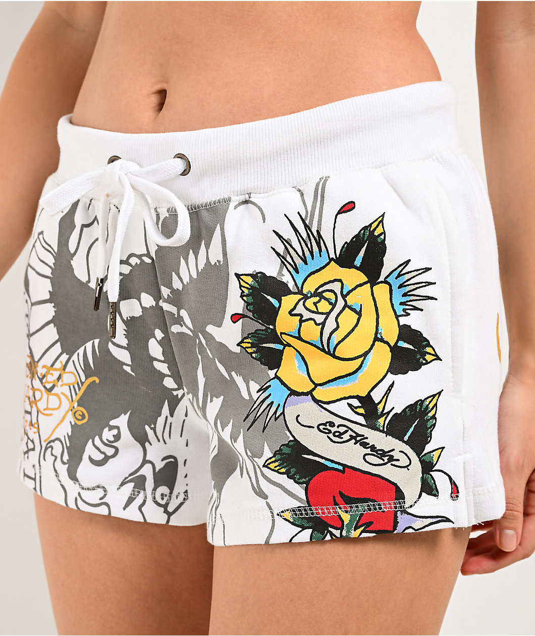 Ed Hardy Rose Heart Y2K White Sweat Shorts