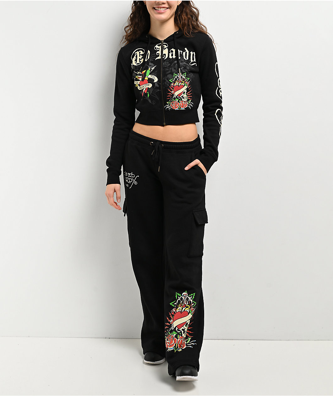 Ed Hardy Rose Skull Black Cargo Sweatpants