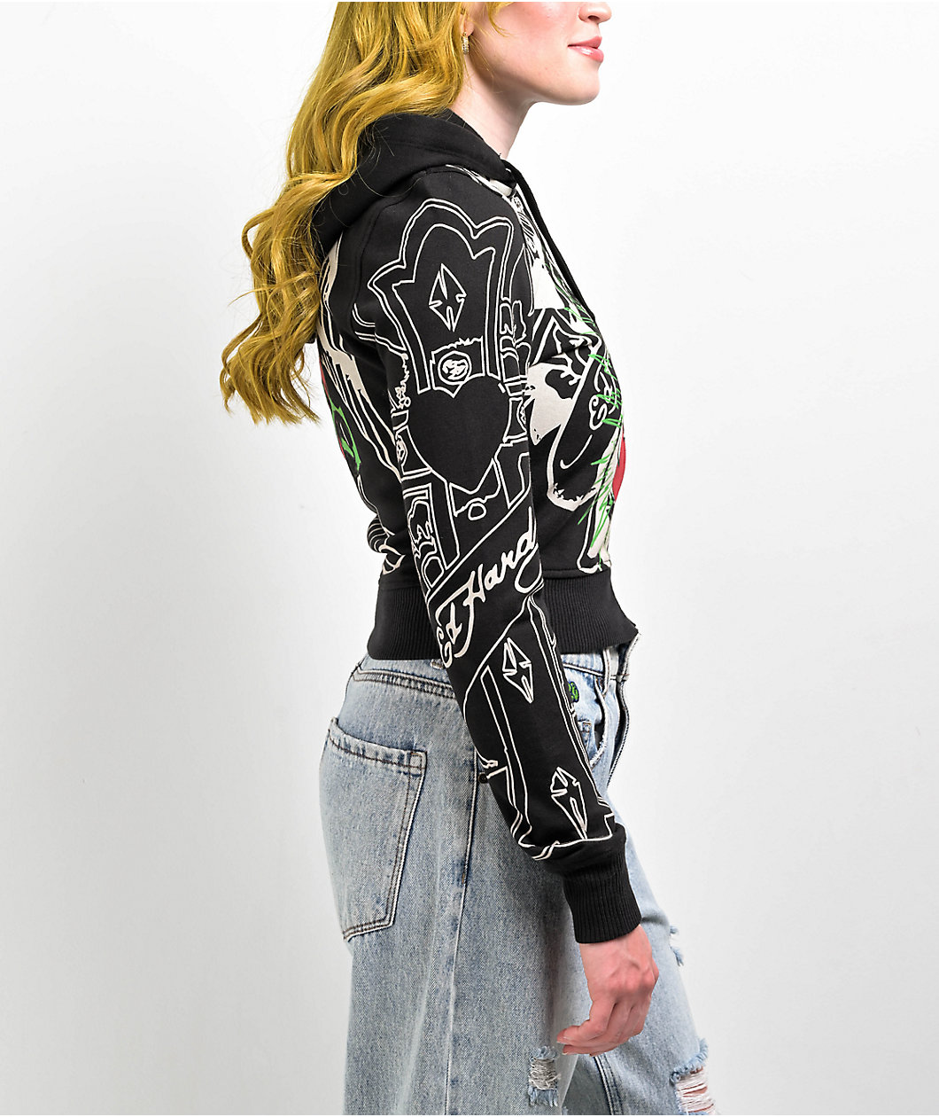 Ed Hardy Sacred Heart Black Crop Zip Hoodie