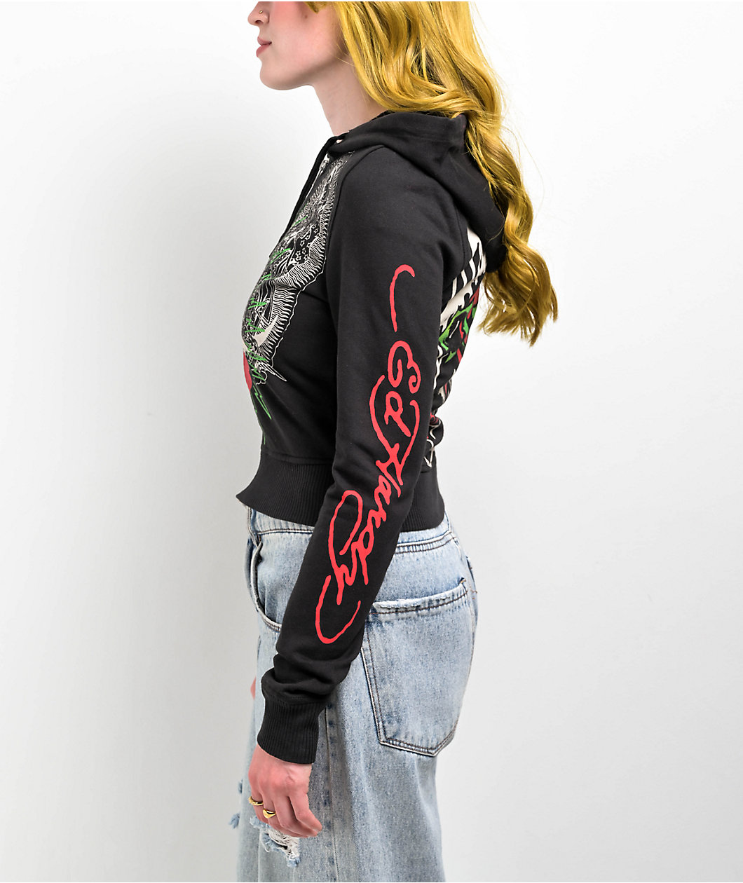 Ed Hardy Sacred Heart Black Crop Zip Hoodie