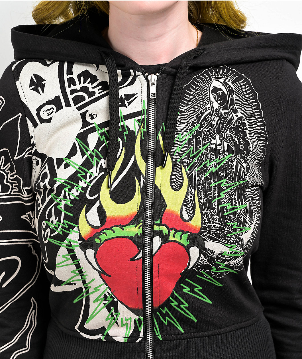 Ed Hardy Sacred Heart Black Crop Zip Hoodie