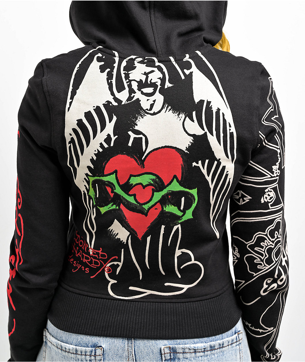 Ed Hardy Sacred Heart Black Crop Zip Hoodie