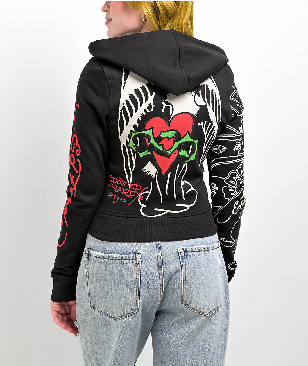 Ed Hardy Sacred Heart Black Crop Zip Hoodie