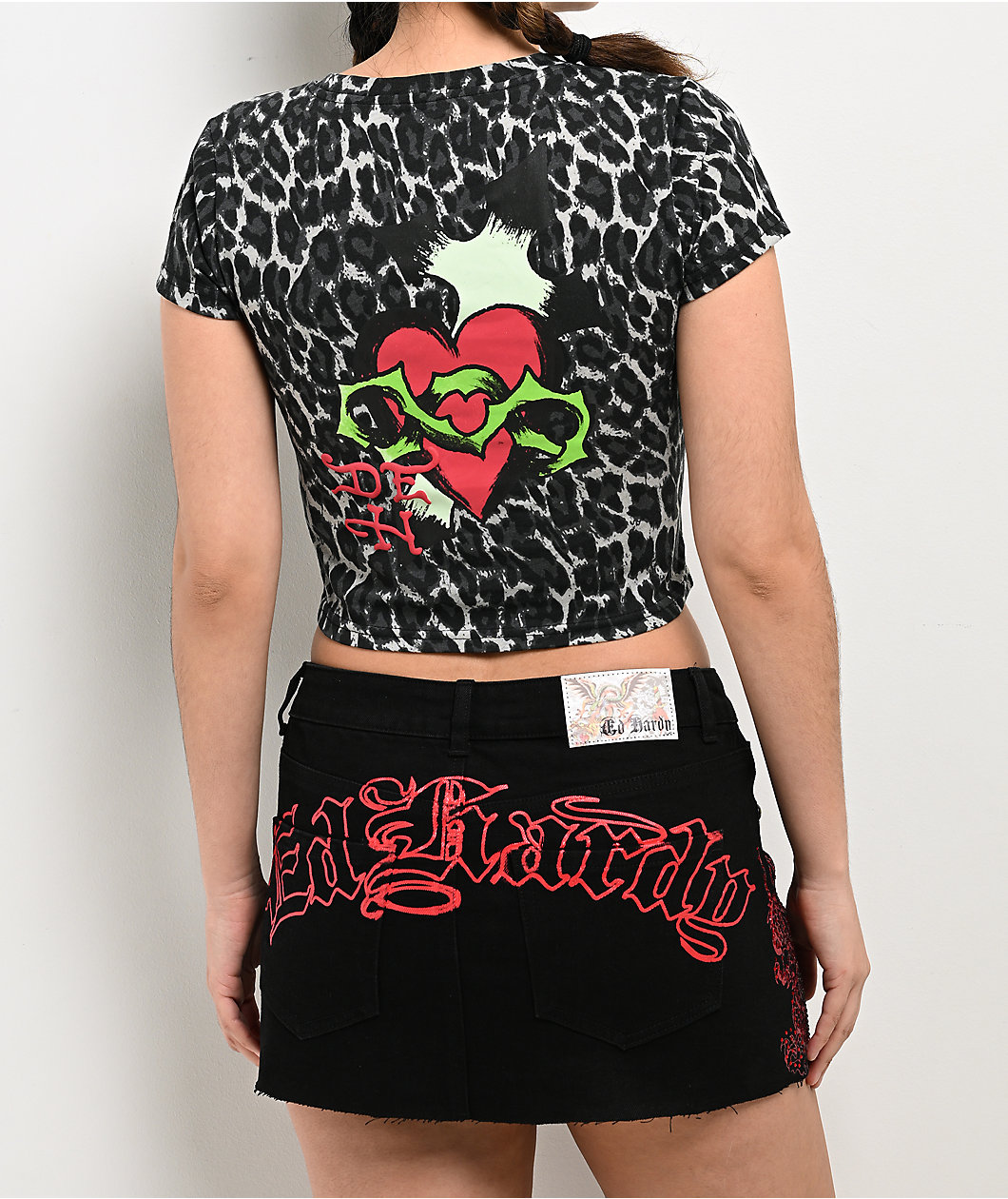 Ed Hardy Sacred Heart Black Leopard Print Crop T-Shirt