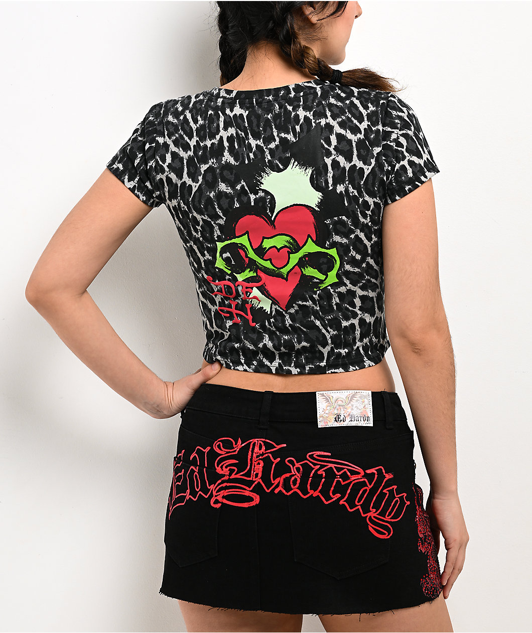 Ed Hardy Sacred Heart Black Leopard Print Crop T-Shirt
