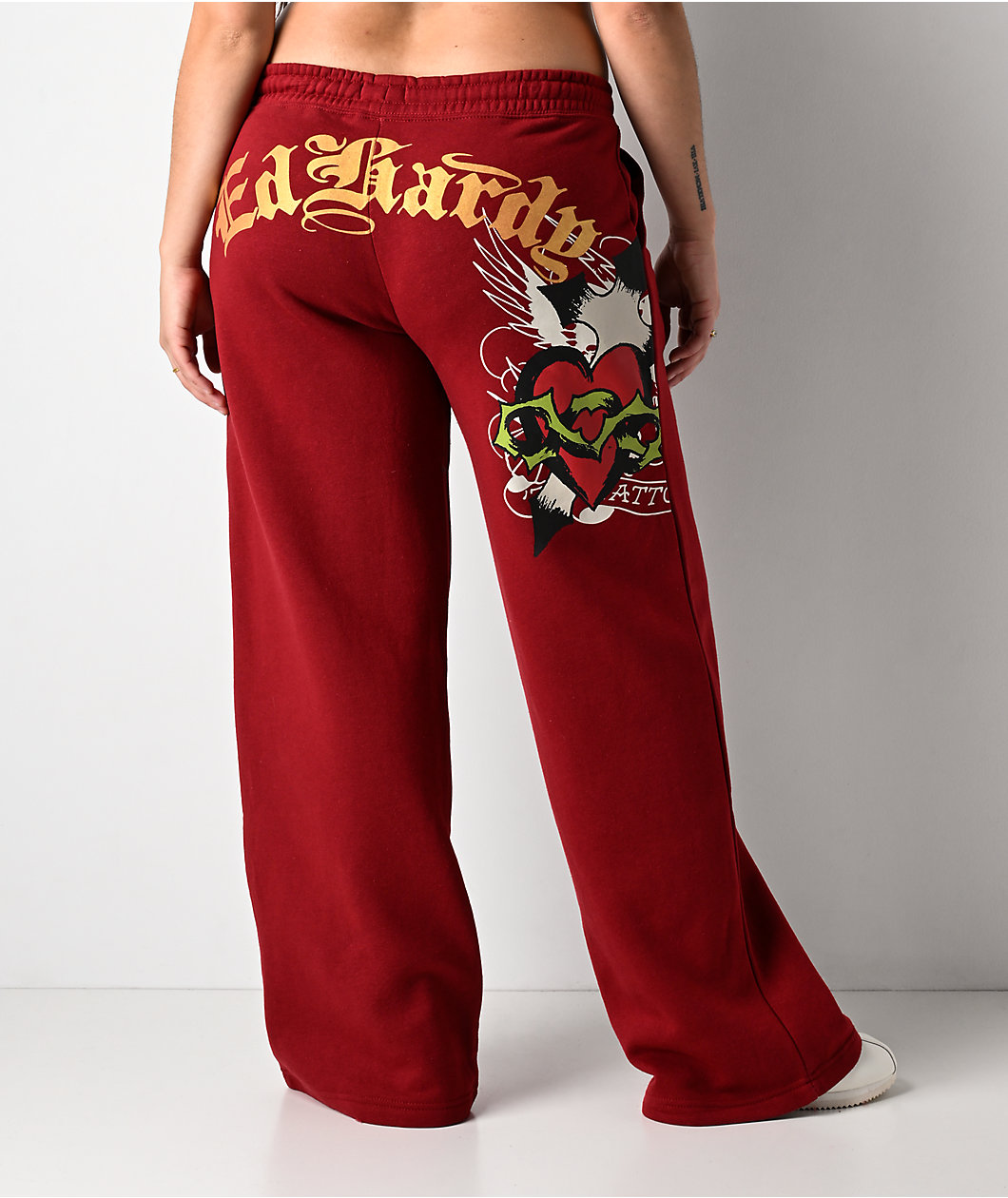 Ed Hardy Sacred Heart Dark Cherry Red Wide Leg Sweatpants