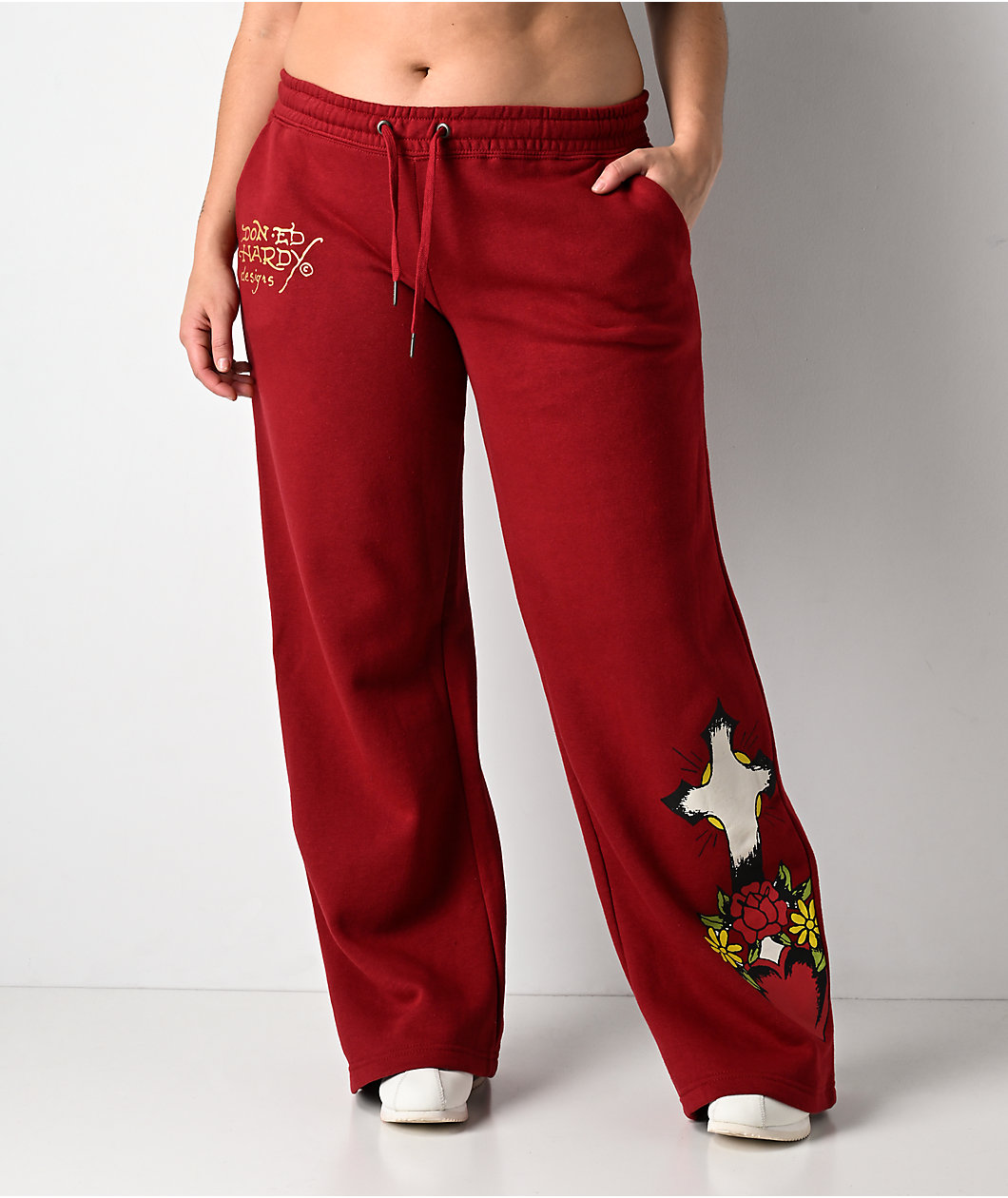 Ed Hardy Sacred Heart Dark Cherry Red Wide Leg Sweatpants