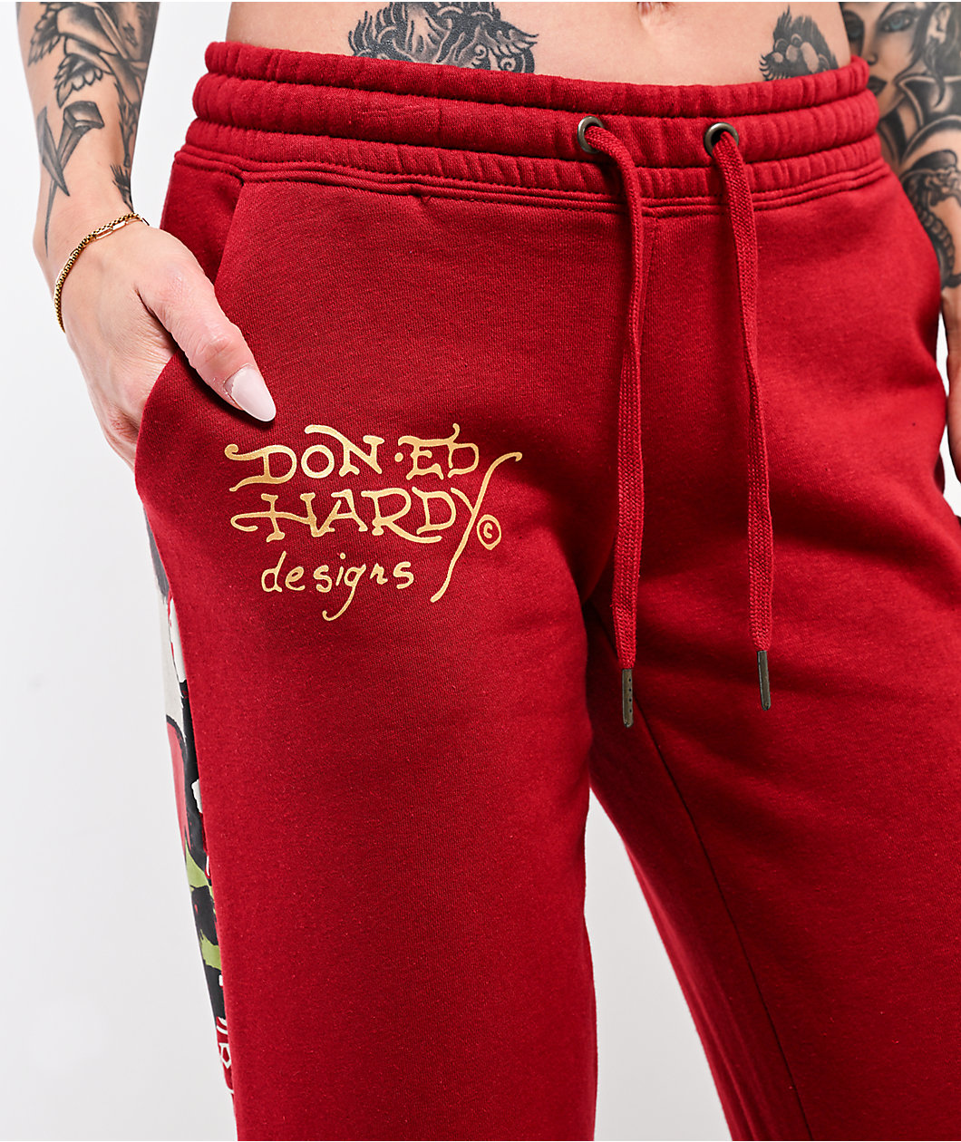 Ed Hardy Sacred Heart Dark Cherry Red Wide Leg Sweatpants