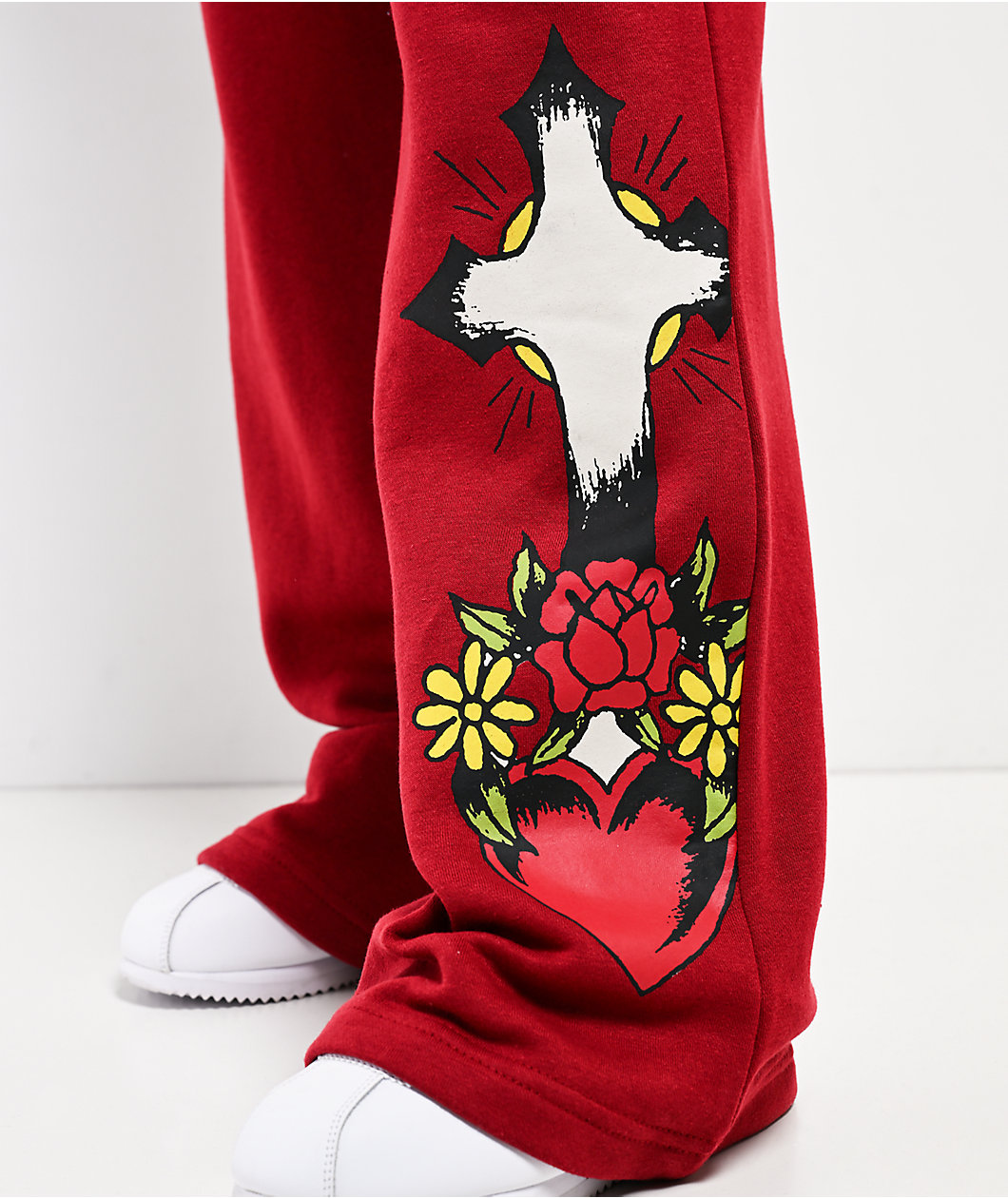 Ed Hardy Sacred Heart Dark Cherry Red Wide Leg Sweatpants