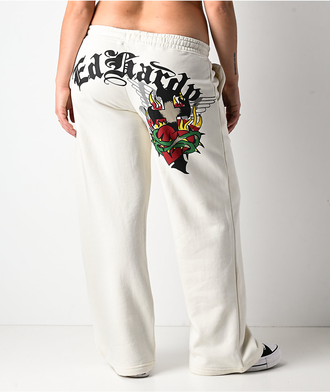 Ed Hardy Sacred Heart Ivory Wide Leg Sweatpants