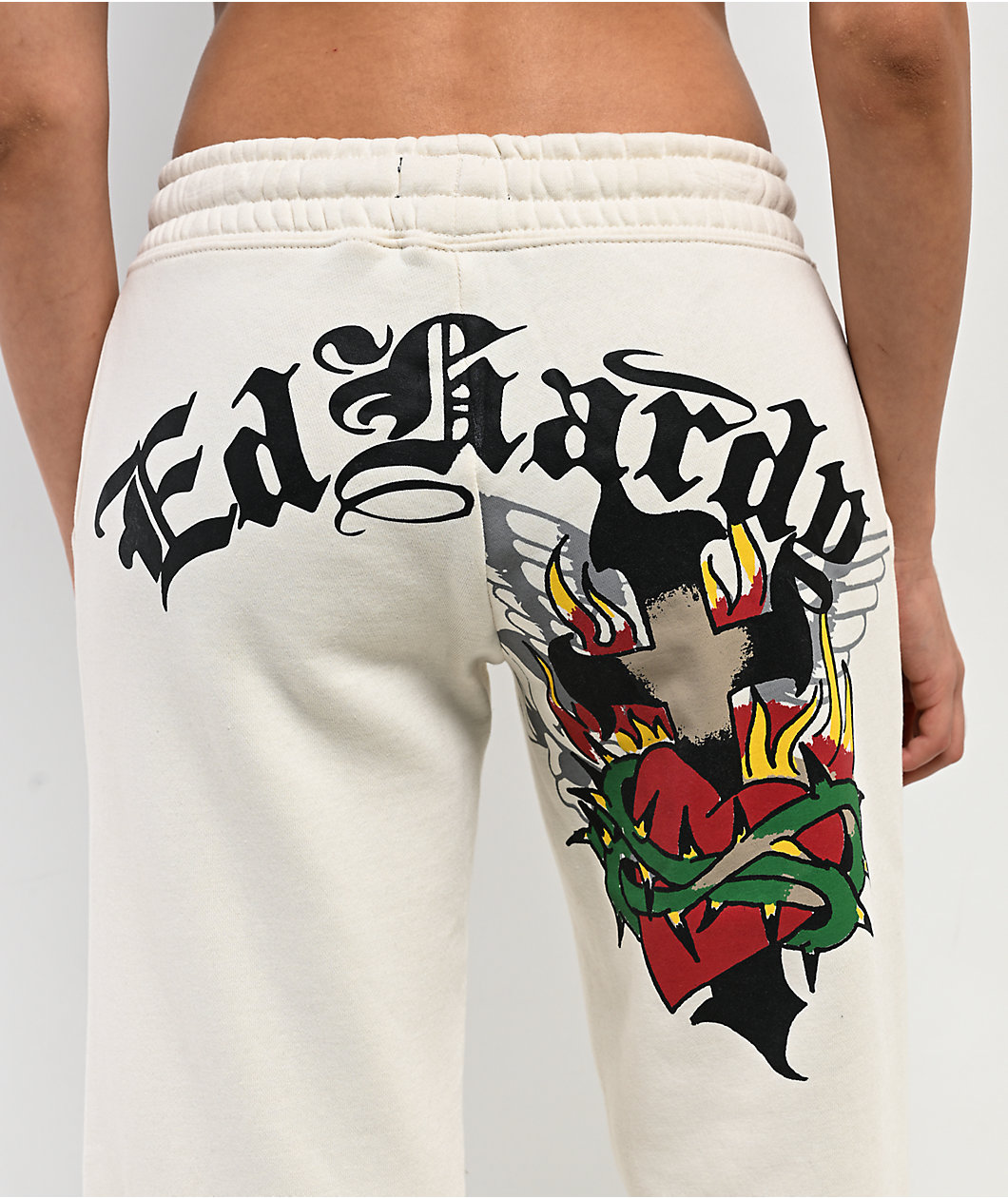 Ed Hardy Sacred Heart Ivory Wide Leg Sweatpants