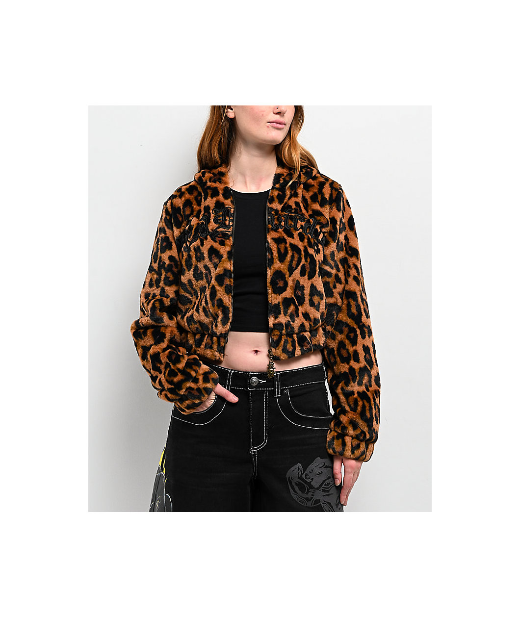 Ed Hardy Sacred Heart Leopard Brown Plush Zip Hoodie