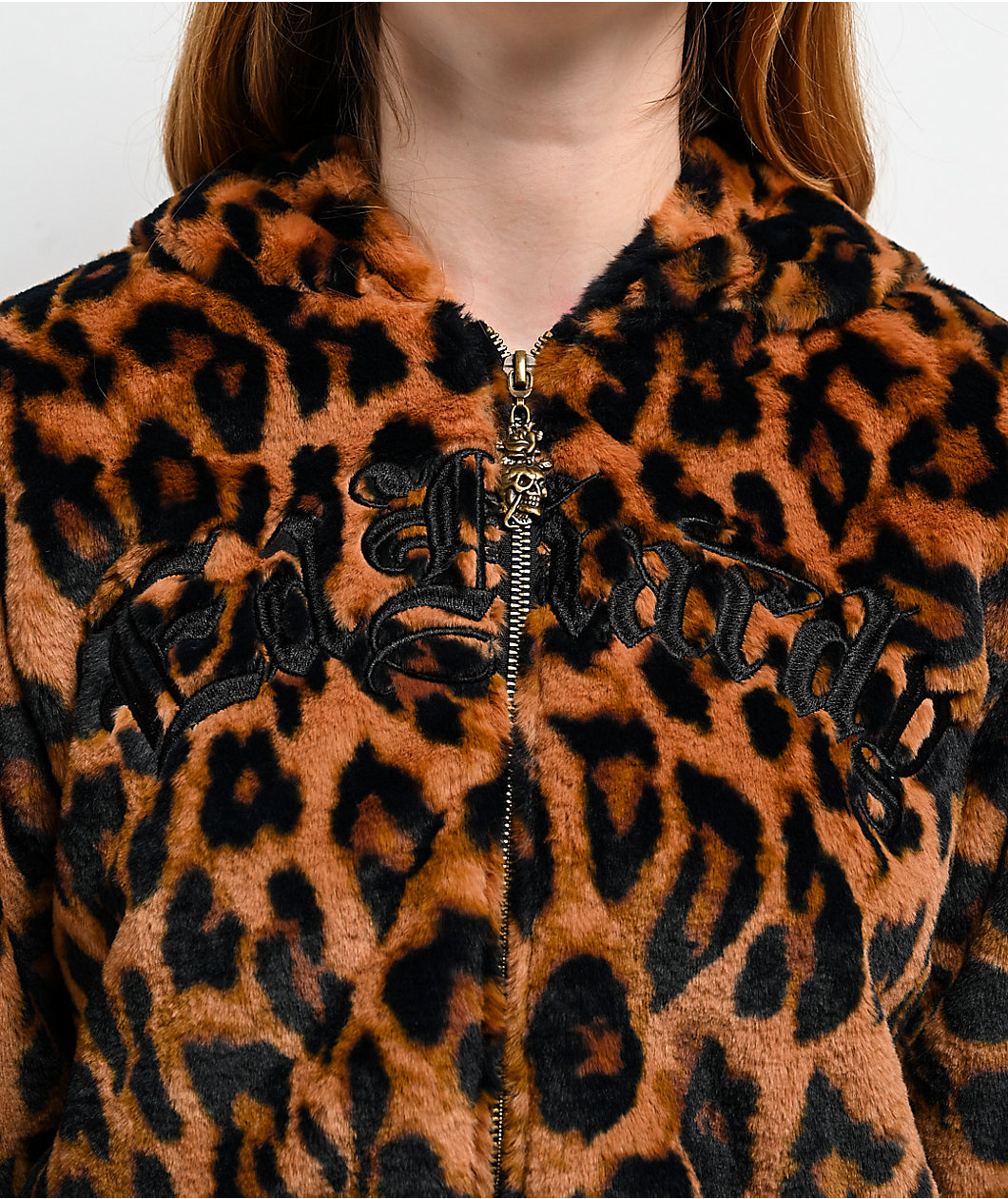 Ed Hardy Sacred Heart Leopard Brown Plush Zip Hoodie