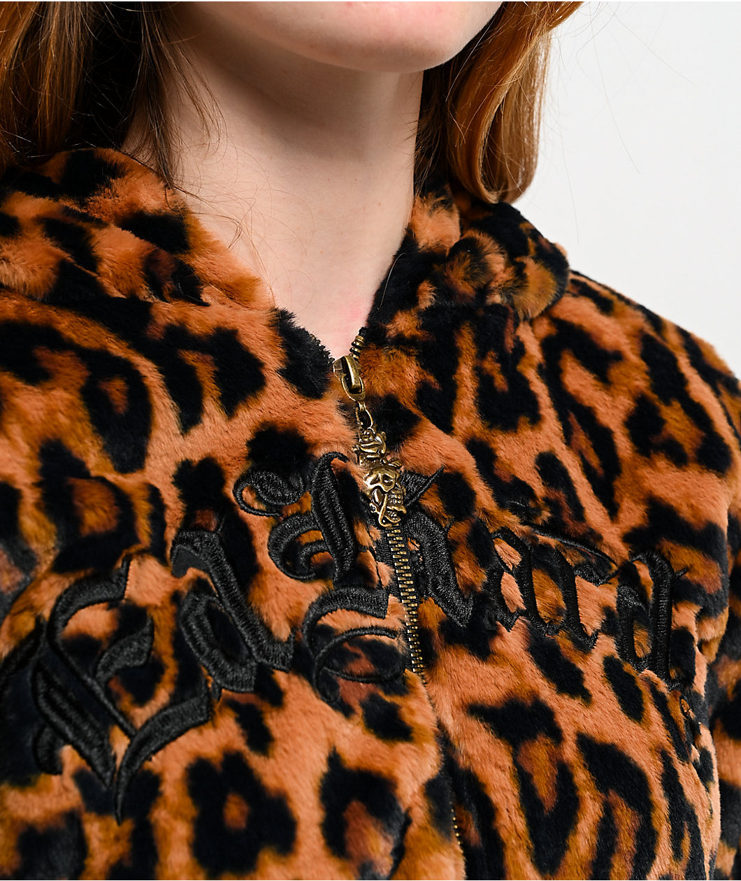 Ed Hardy Sacred Heart Leopard Brown Plush Zip Hoodie