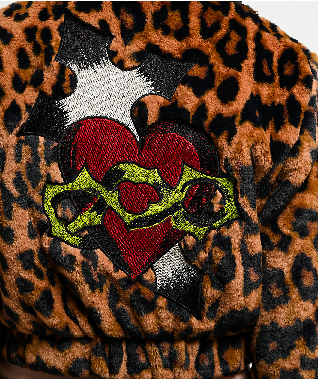 Ed Hardy Sacred Heart Leopard Brown Plush Zip Hoodie