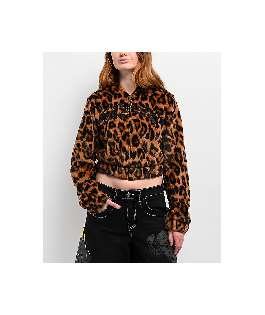 Ed Hardy Sacred Heart Leopard Brown Plush Zip Hoodie