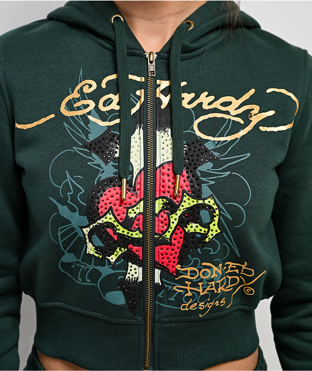 Ed Hardy Sacred Heart Rhinestone Green Cop Zip Hoodie