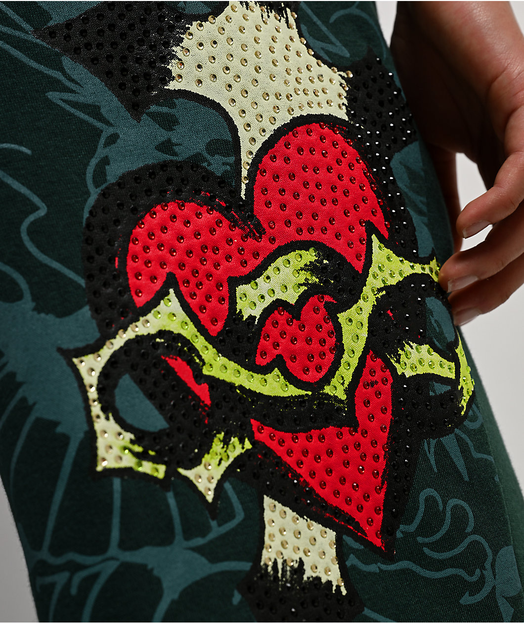 Ed Hardy Sacred Heart Rhinestone Green Wide Leg Sweatpants