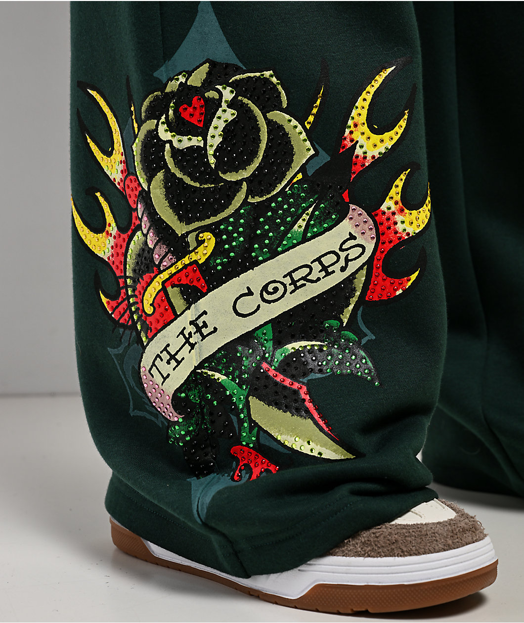 Ed Hardy Sacred Heart Rhinestone Green Wide Leg Sweatpants