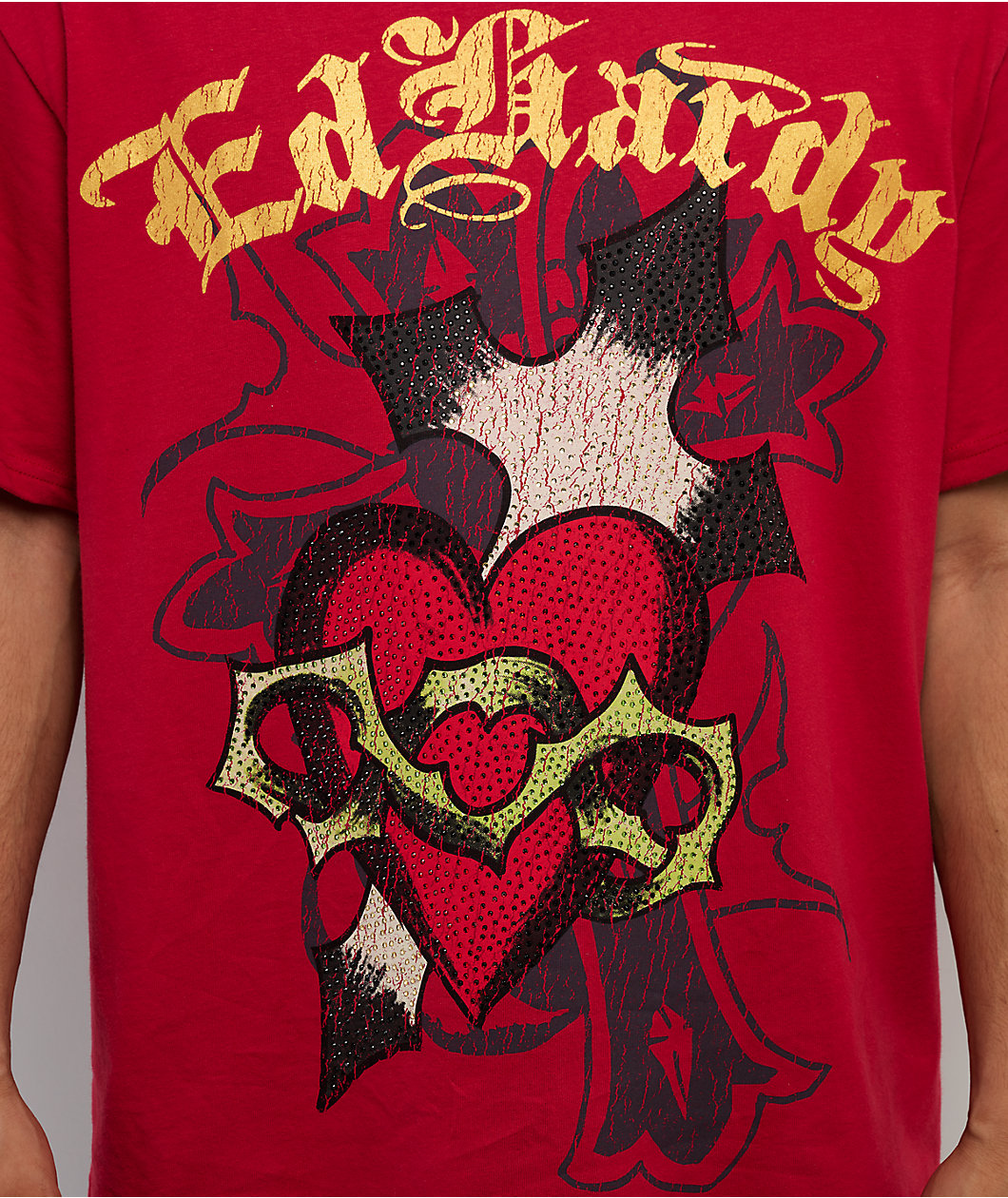 Ed Hardy Sacred Heart Rhinestone Red Boxy T-Shirt