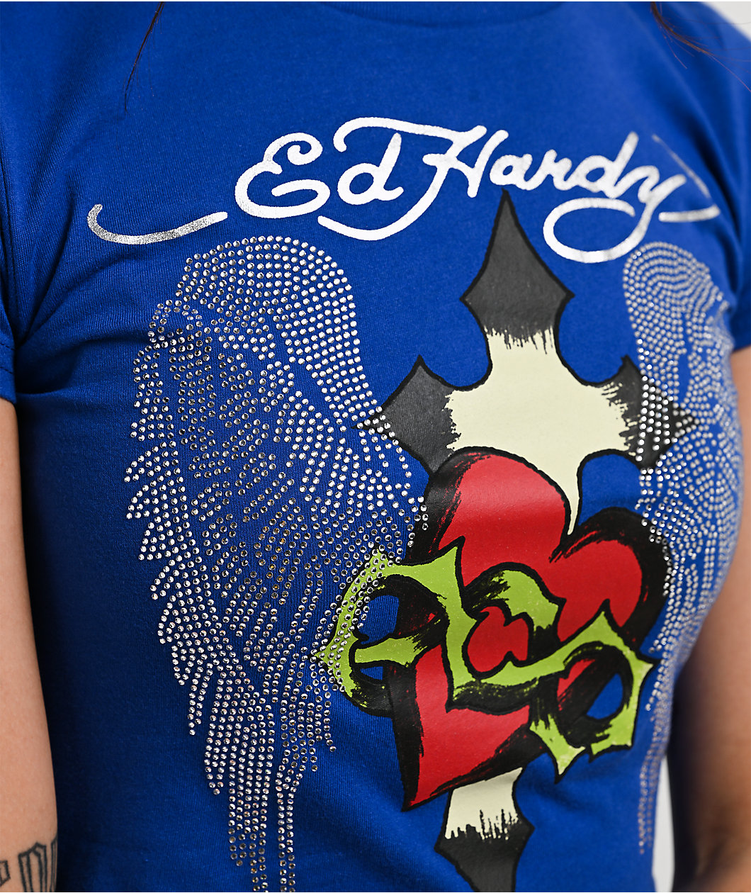 Ed Hardy Sacred Heart Wings Blue Crop T-Shirt