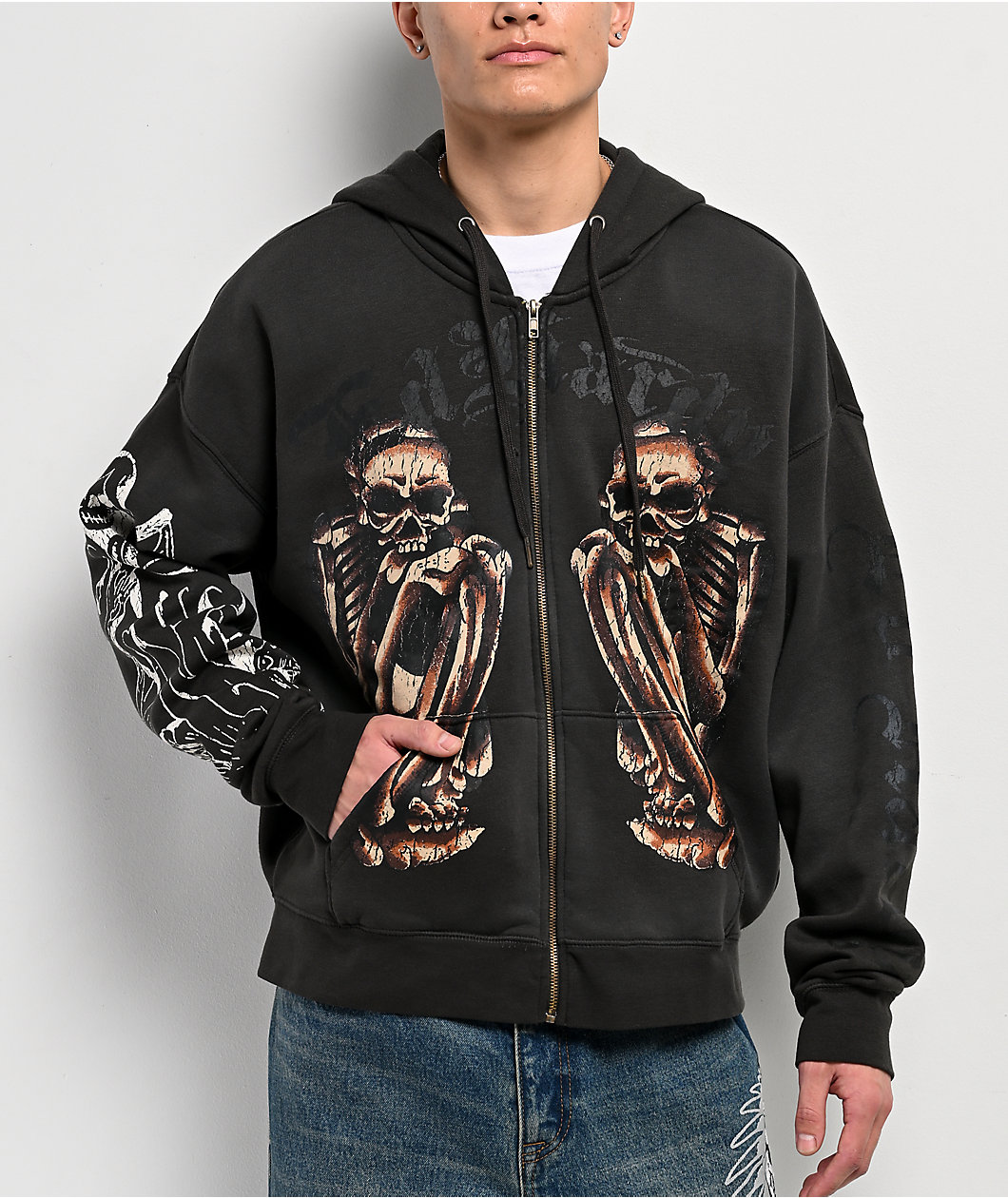 Ed Hardy Skeletons Sunfade Grey Zip Hoodie