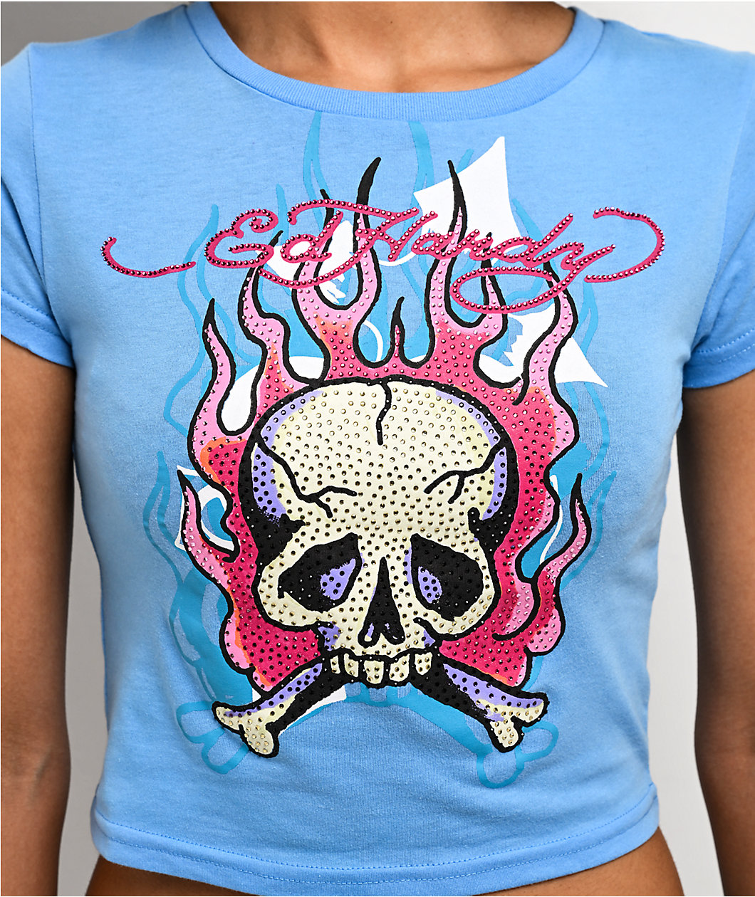 Ed Hardy Skull & Crossbones Blue Crop T-Shirt