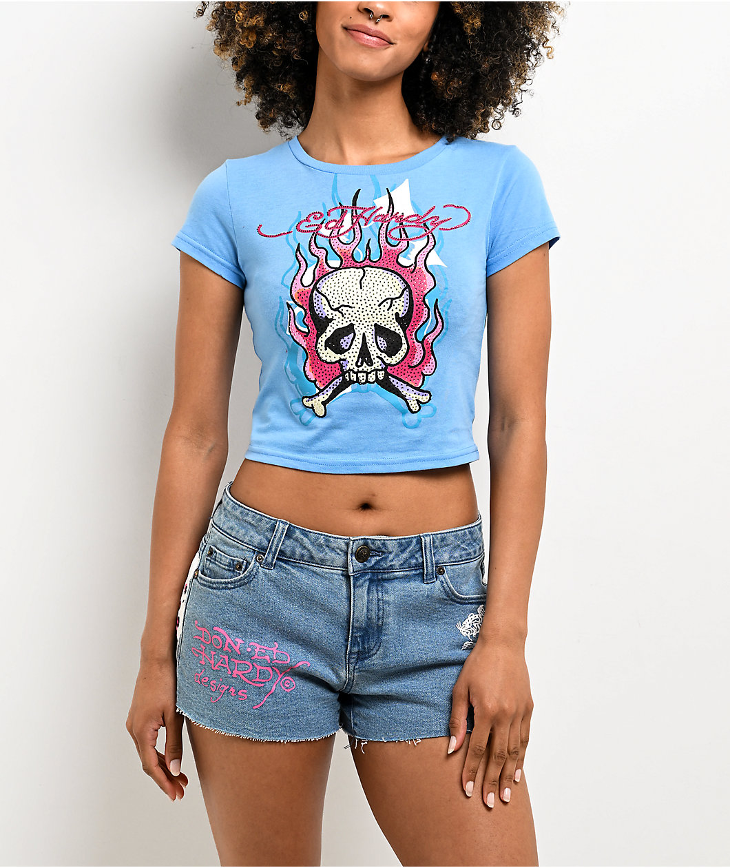 Ed Hardy Skull & Crossbones Blue Crop T-Shirt
