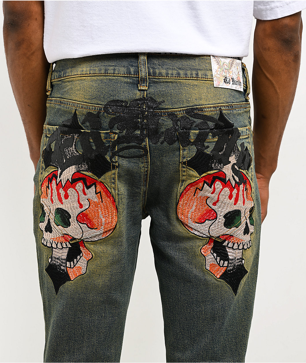 Ed Hardy Skull Crosses Blue Wash Bootcut Jeans