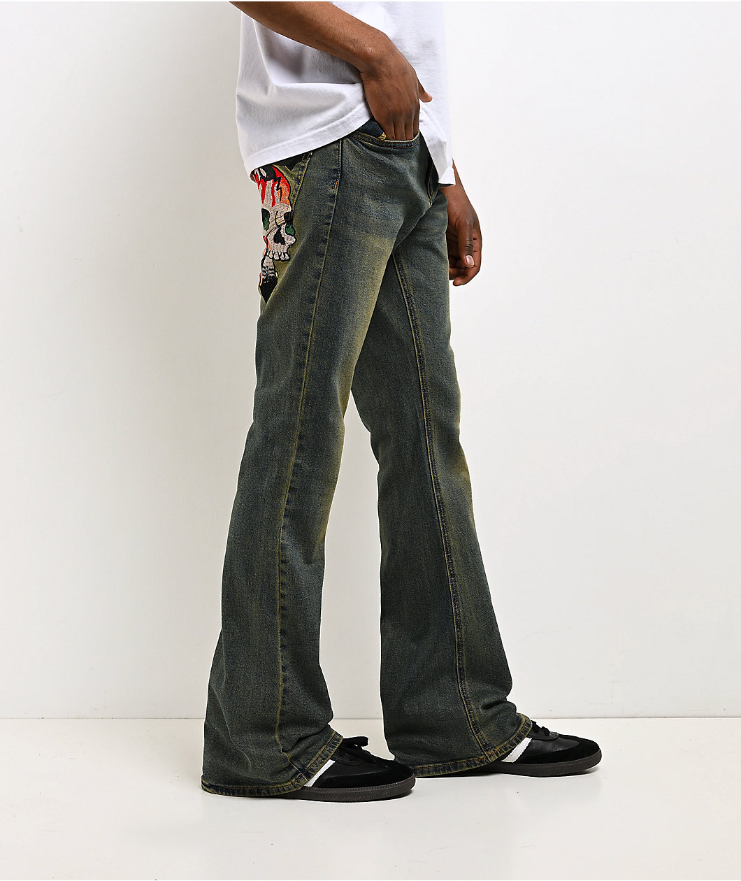 Ed Hardy Skull Crosses Blue Wash Bootcut Jeans