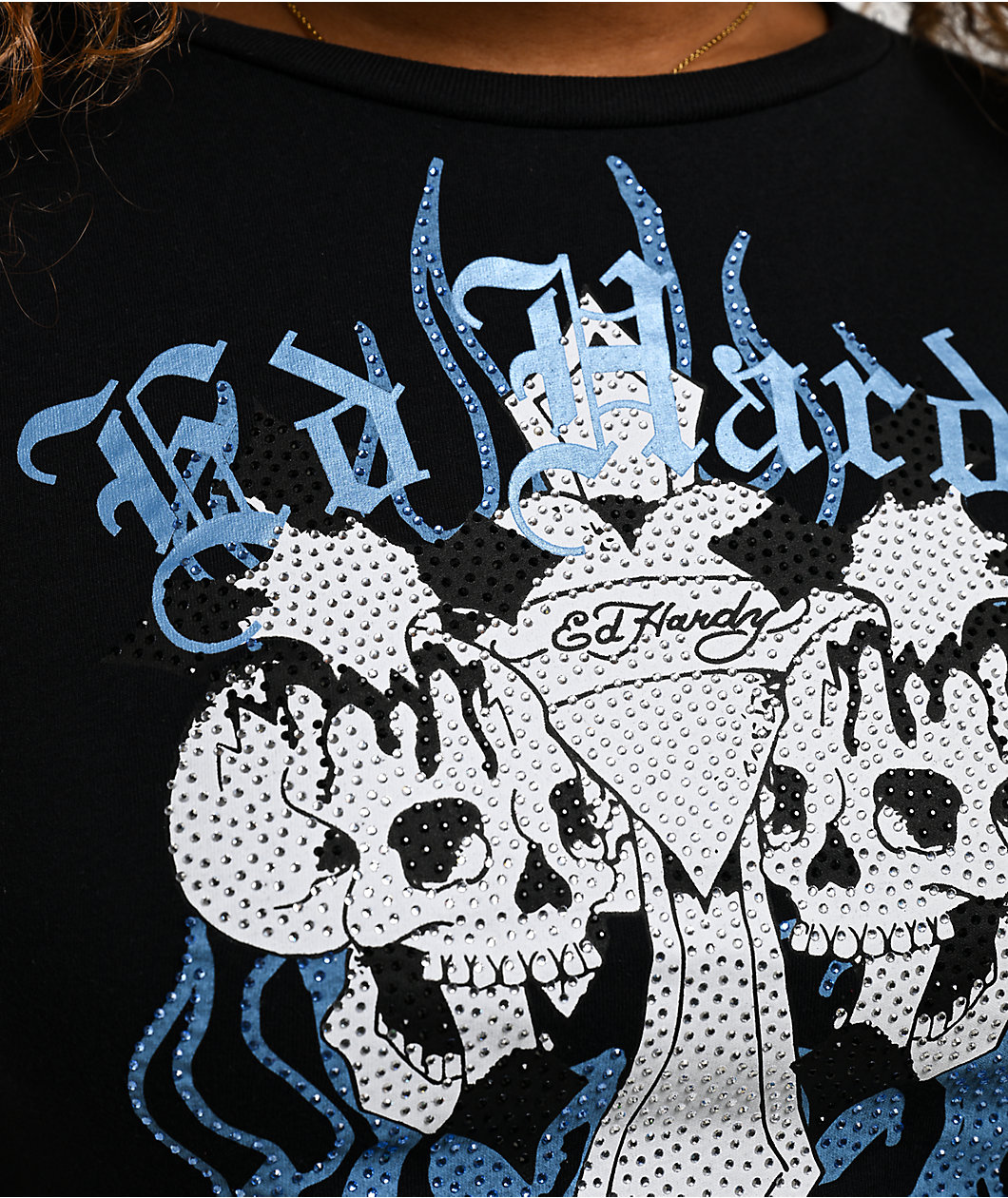 Ed Hardy Skull Crosses Rhinestone Black Crop T-Shirt