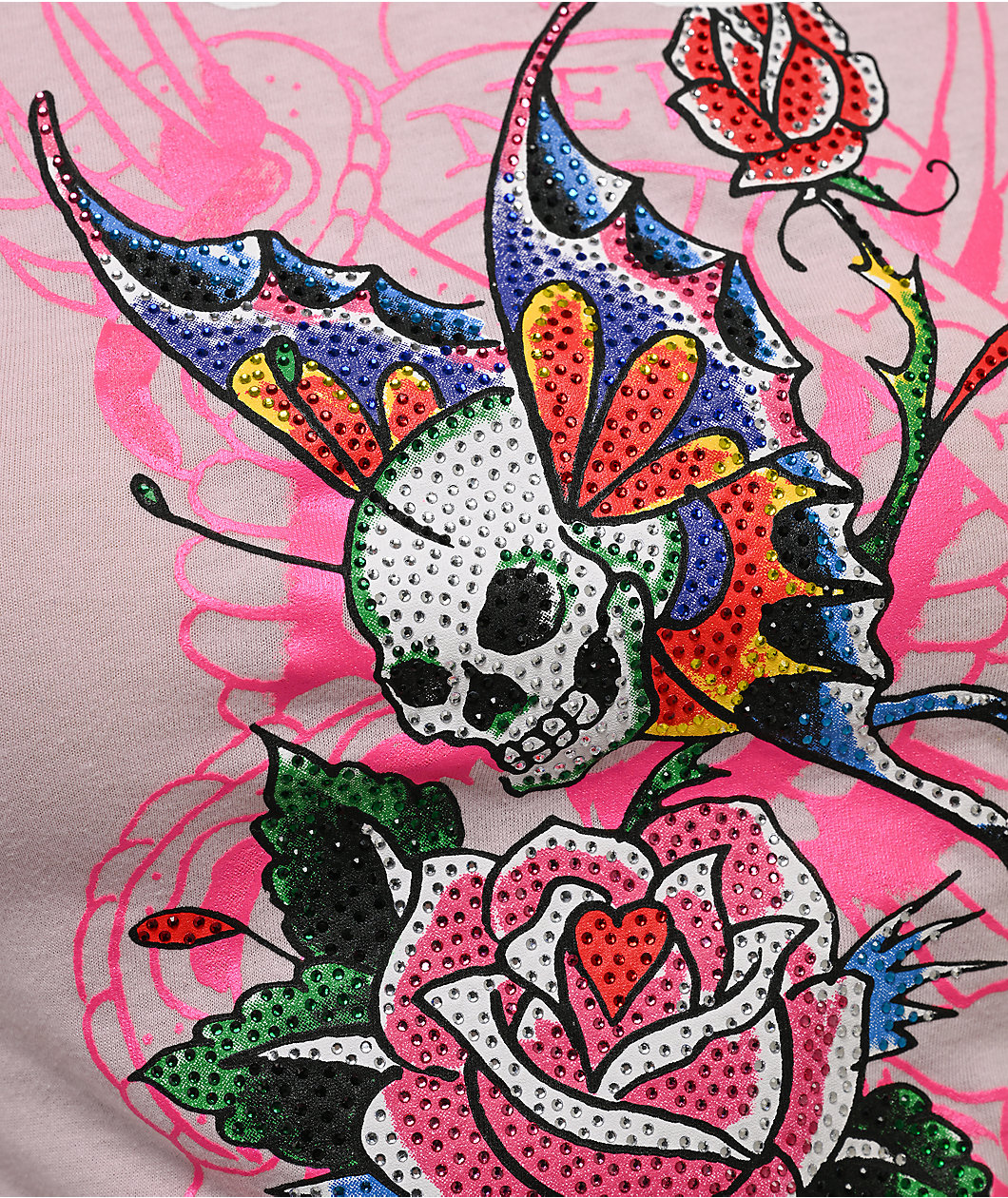 Ed Hardy Skull Flower Rhinestone Pink Crop T-Shirt