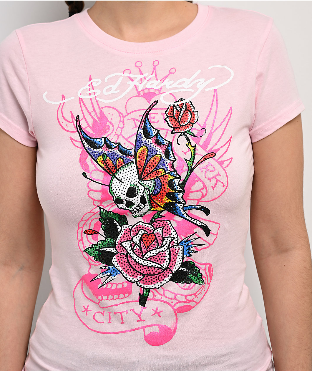 Ed Hardy Skull Flower Rhinestone Pink Crop T-Shirt