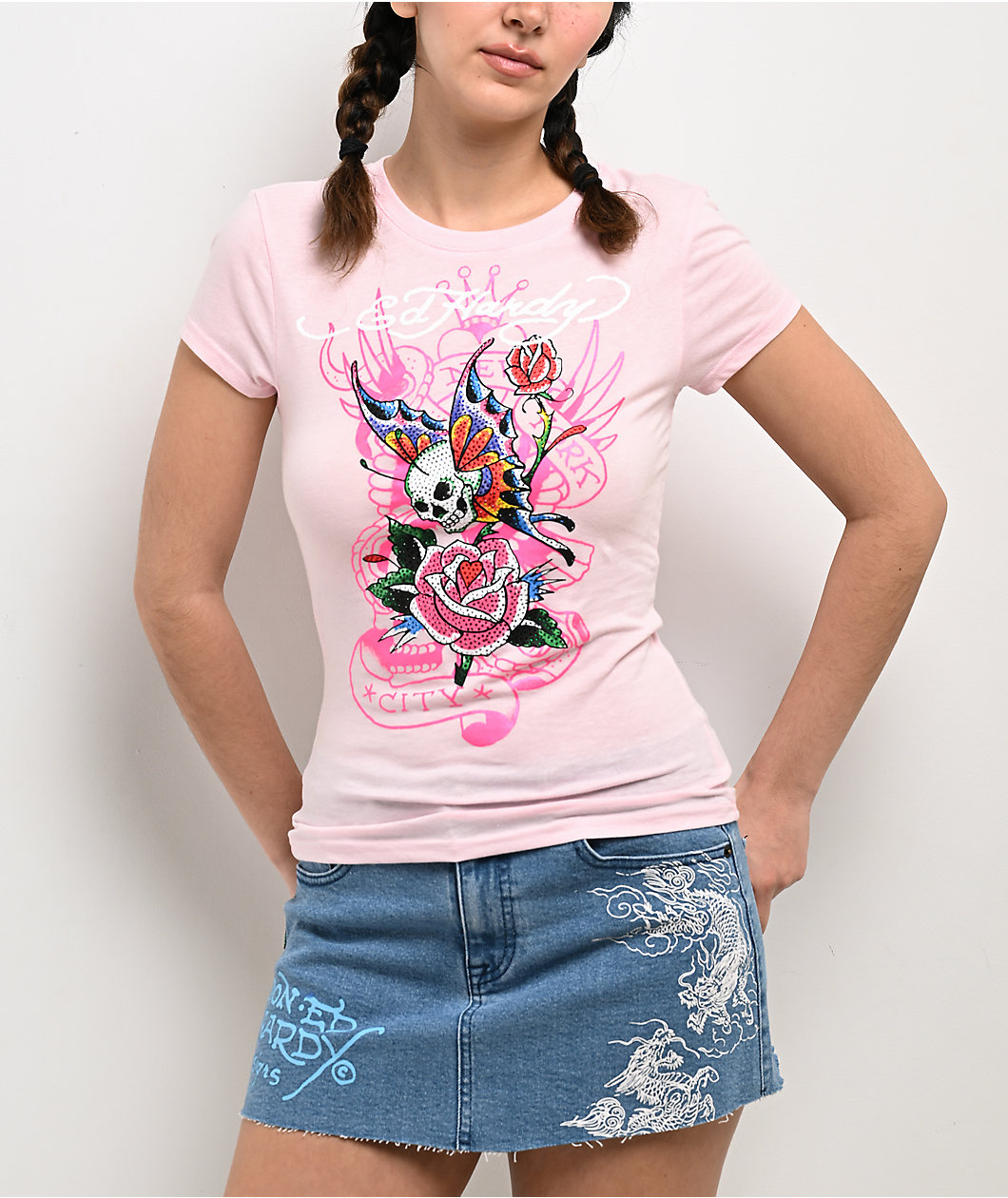Ed Hardy Skull Flower Rhinestone Pink Crop T-Shirt