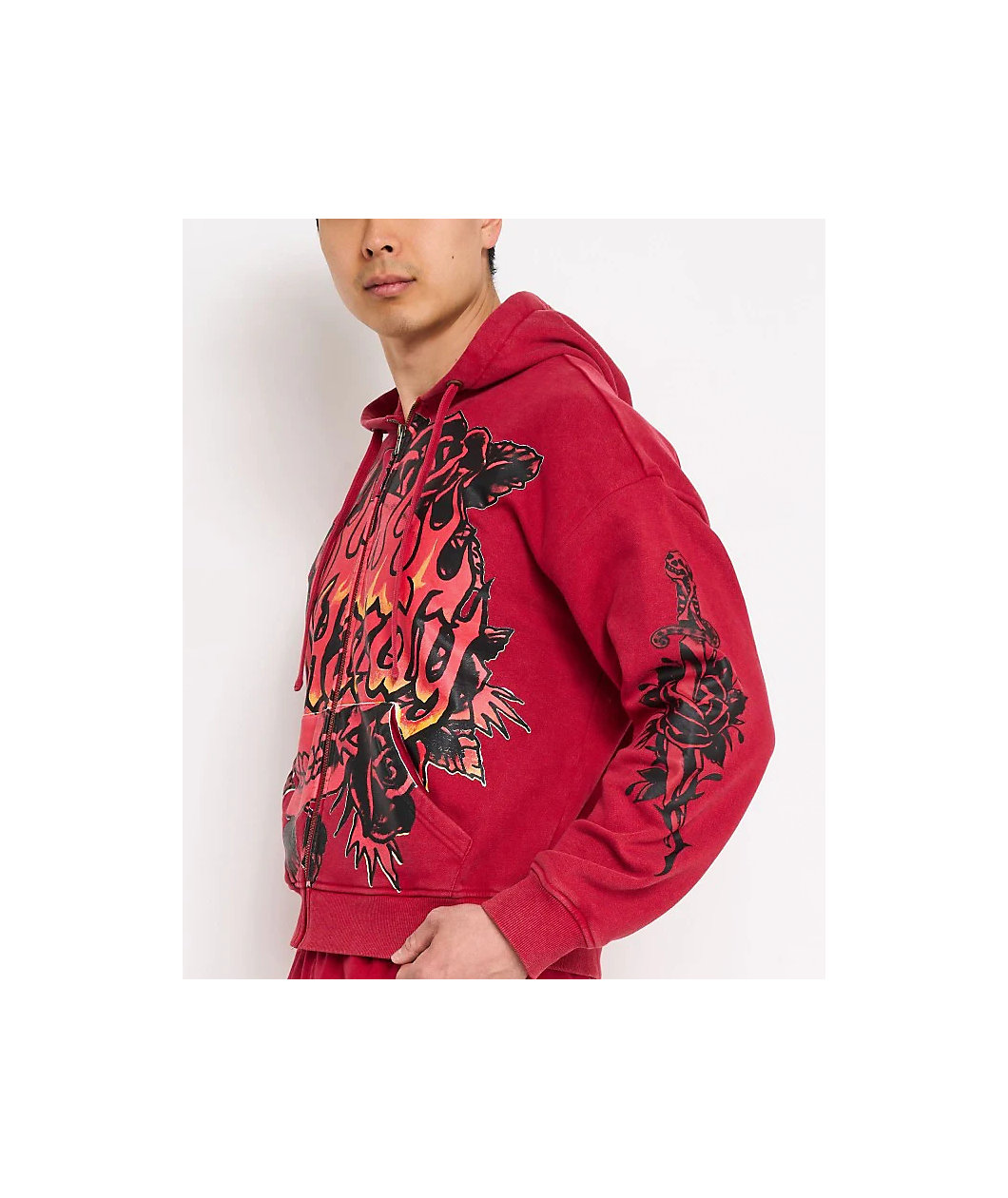 Ed Hardy Skull Flowers Red Zip Hoodie