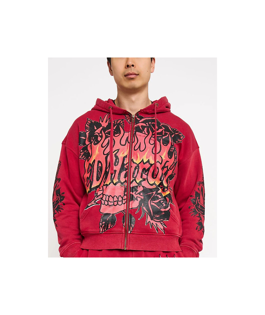 Ed Hardy Skull Flowers Red Zip Hoodie