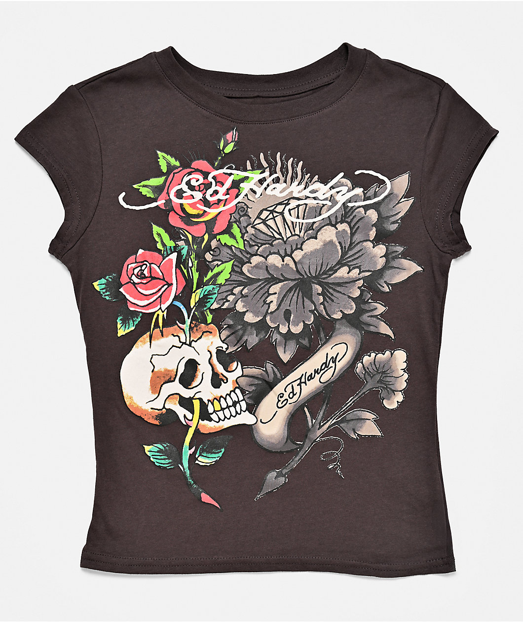 Ed Hardy Skull Roses Espresso Crop T-Shirt