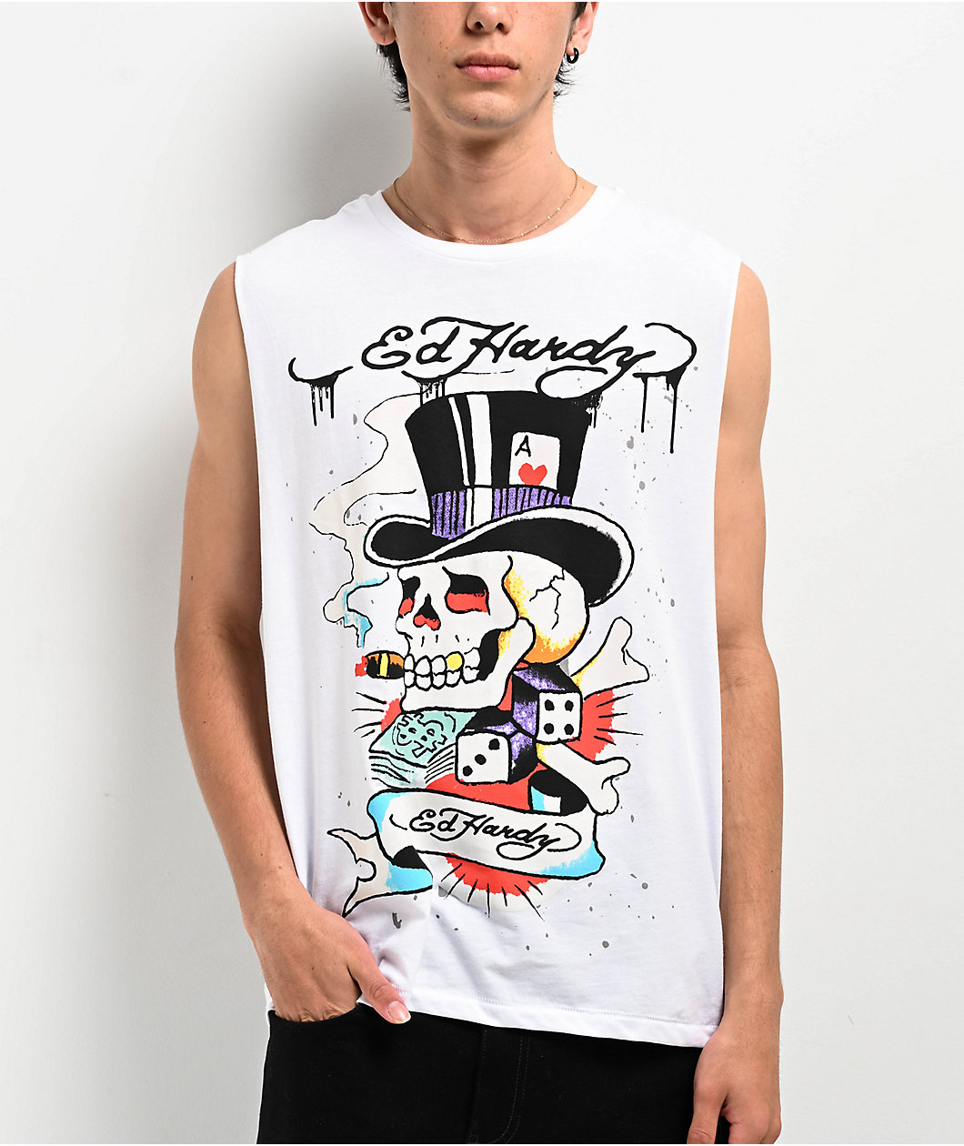 Ed Hardy Skull Top Hat White Tank Top