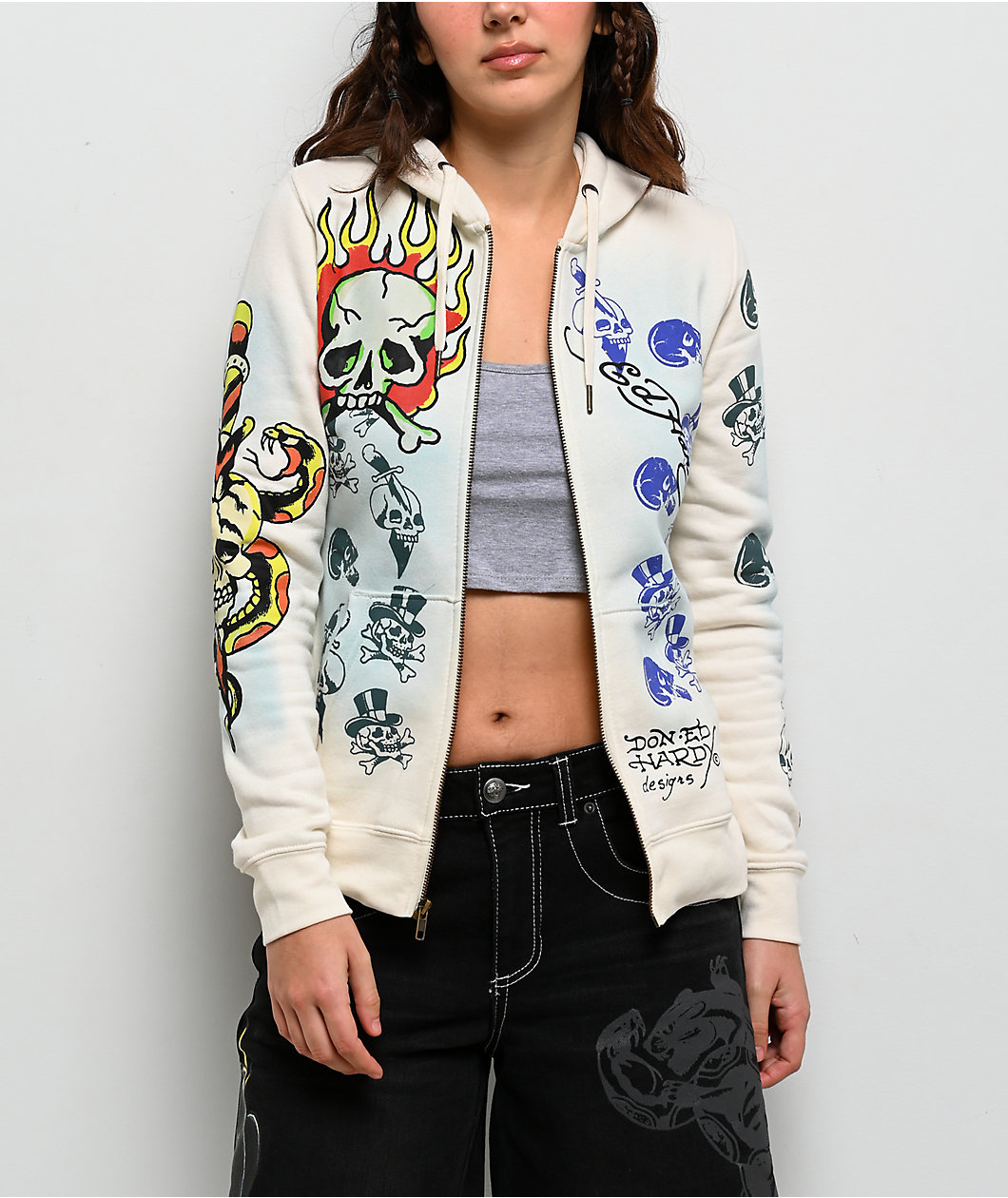 Ed Hardy Skulls Ivory Zip Hoodie