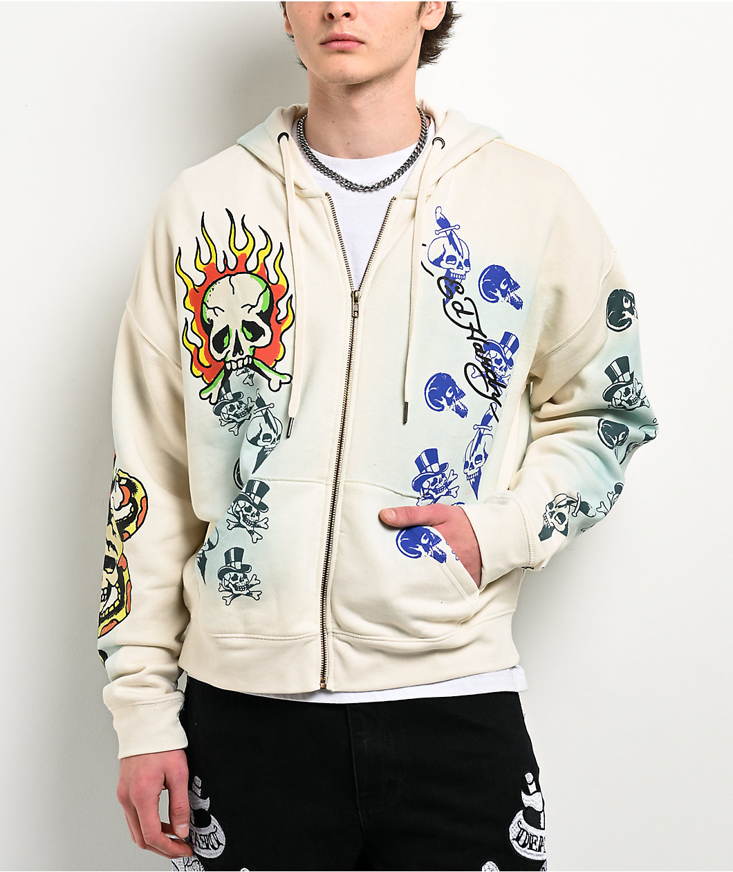 Ed Hardy Skulls Vintage Ivory Zip Hoodie