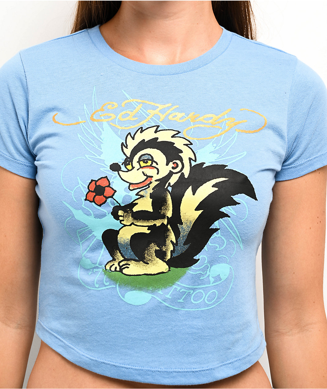 Ed Hardy Skunk Powder Blue Crop T-Shirt