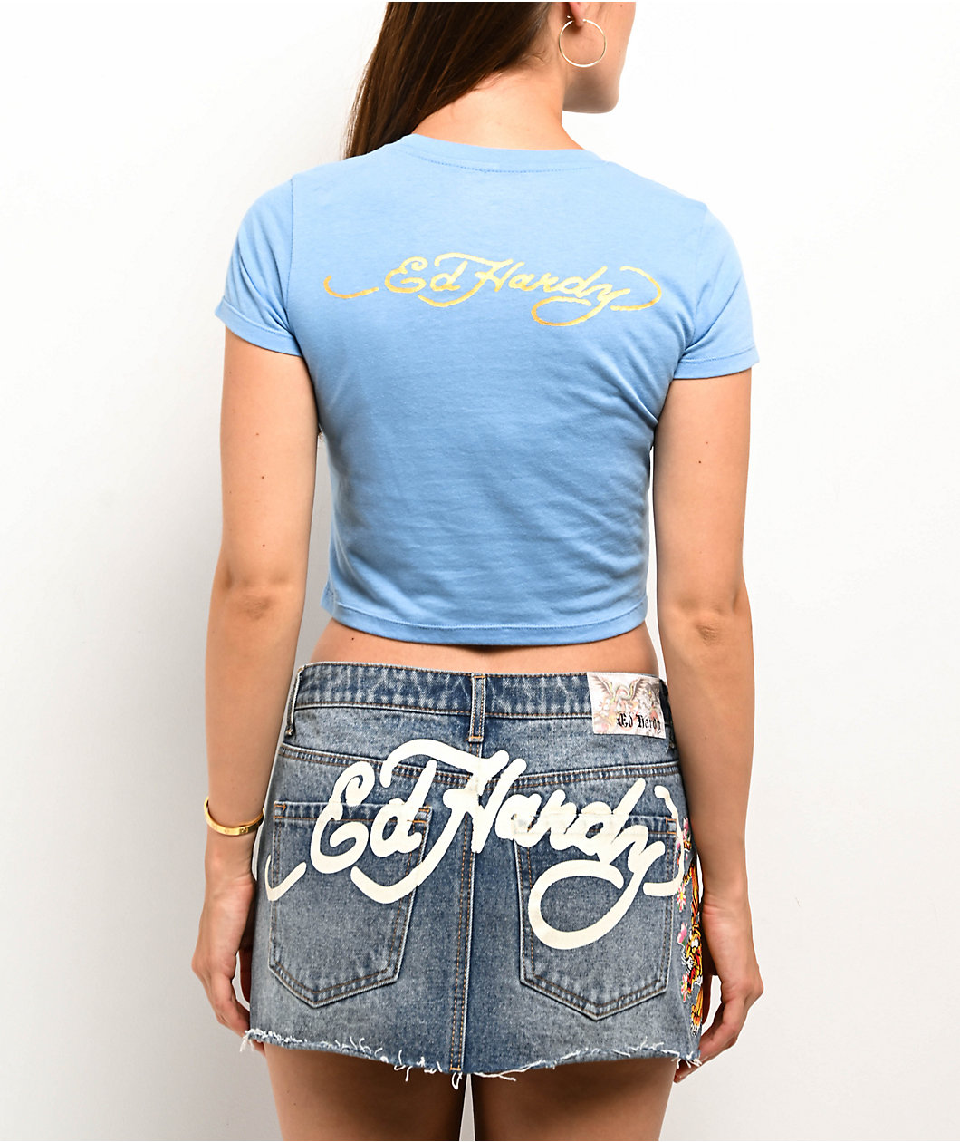 Ed Hardy Skunk Powder Blue Crop T-Shirt