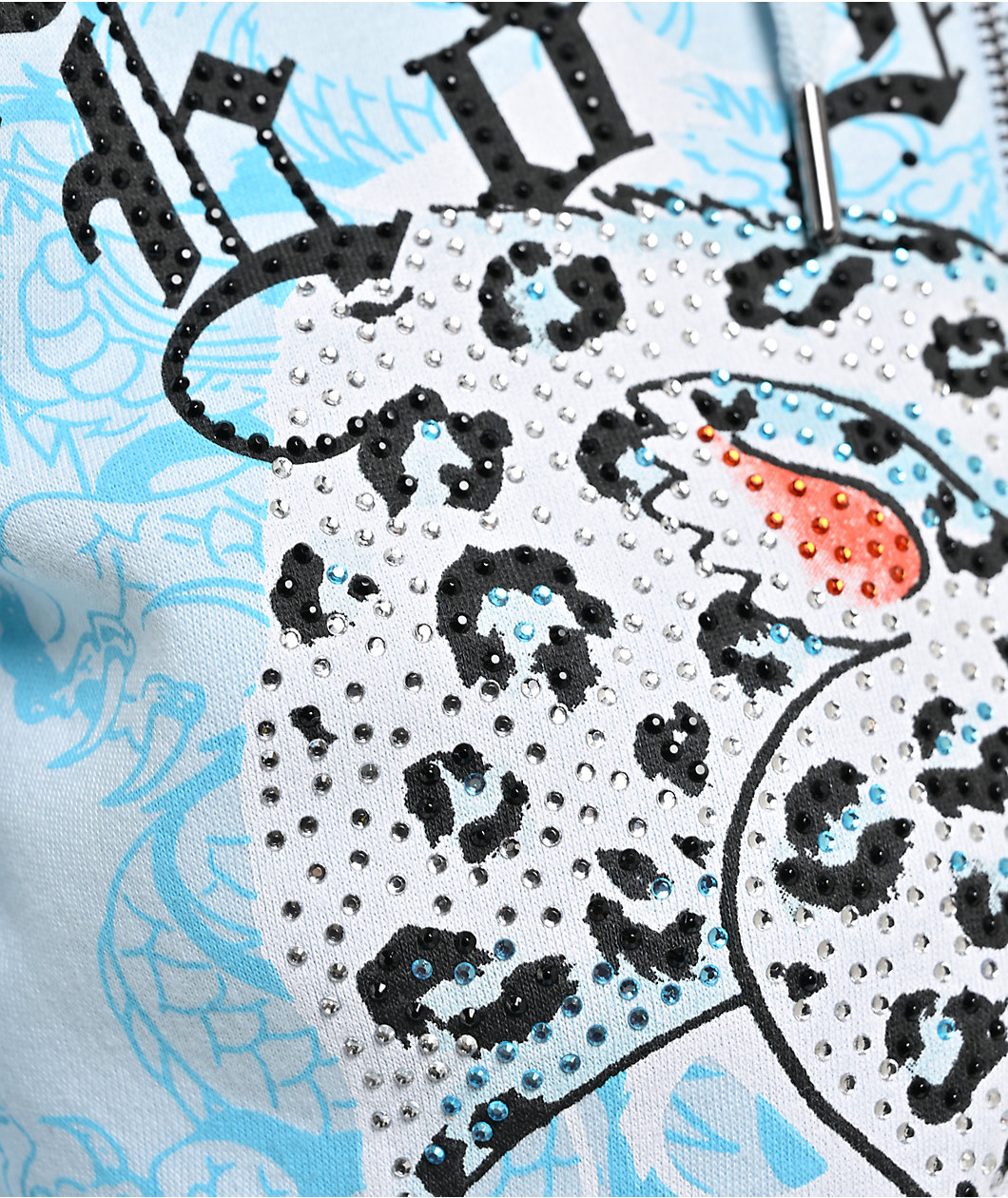 Ed Hardy Snow Leopard Rhinestone Baby Blue Crop Zip Hoodie