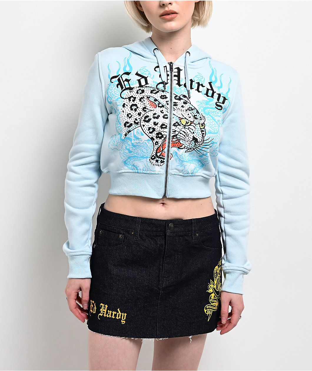 Ed Hardy Snow Leopard Rhinestone Baby Blue Crop Zip Hoodie