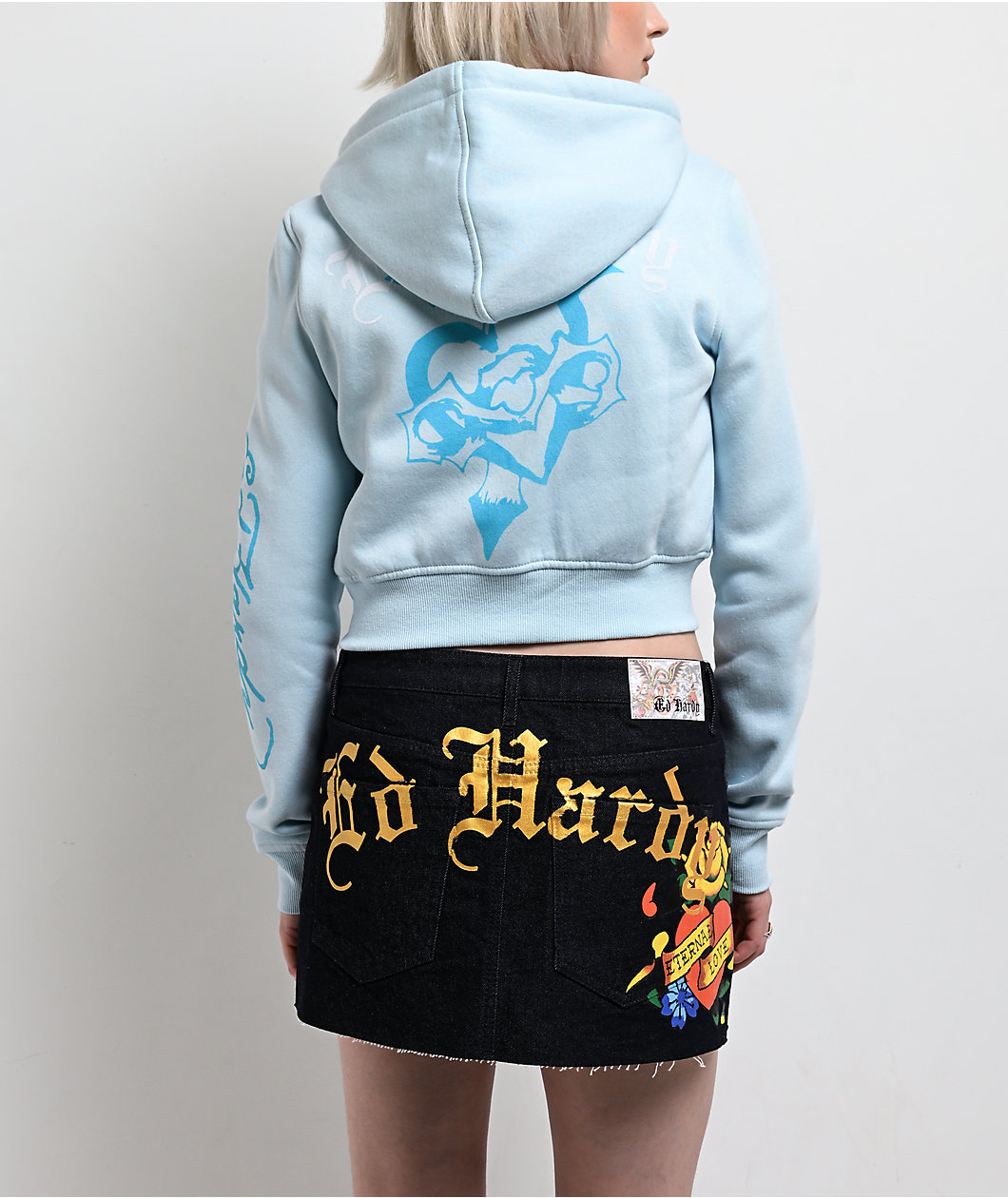 Ed Hardy Snow Leopard Rhinestone Baby Blue Crop Zip Hoodie