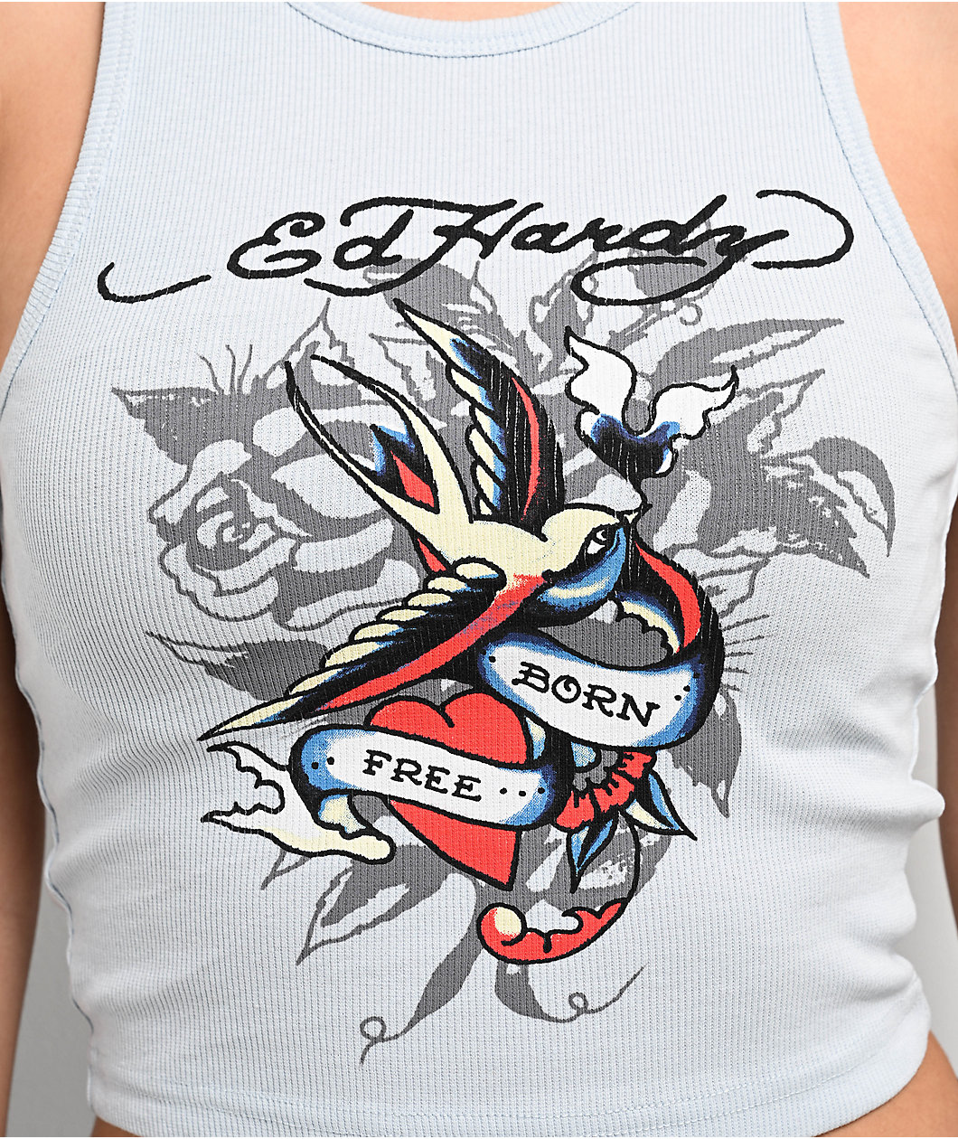 Ed Hardy Swallow Icy Blue Crop Tank Top