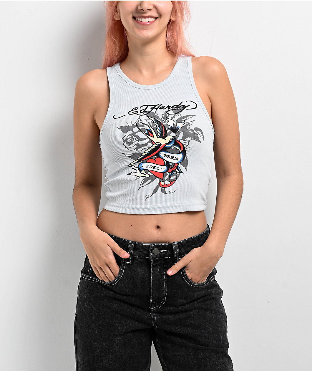 Ed Hardy Swallow Icy Blue Crop Tank Top