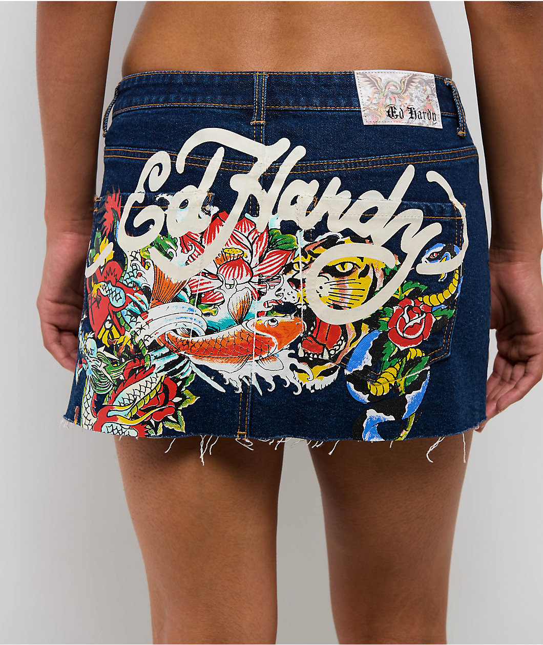 Ed Hardy Tattoo Collage Dark Denim Cutoff Mini Skirt